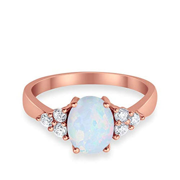 Accent Rose Tone, Lab Created White Opal Wedding Ring 925 Sterling Silver